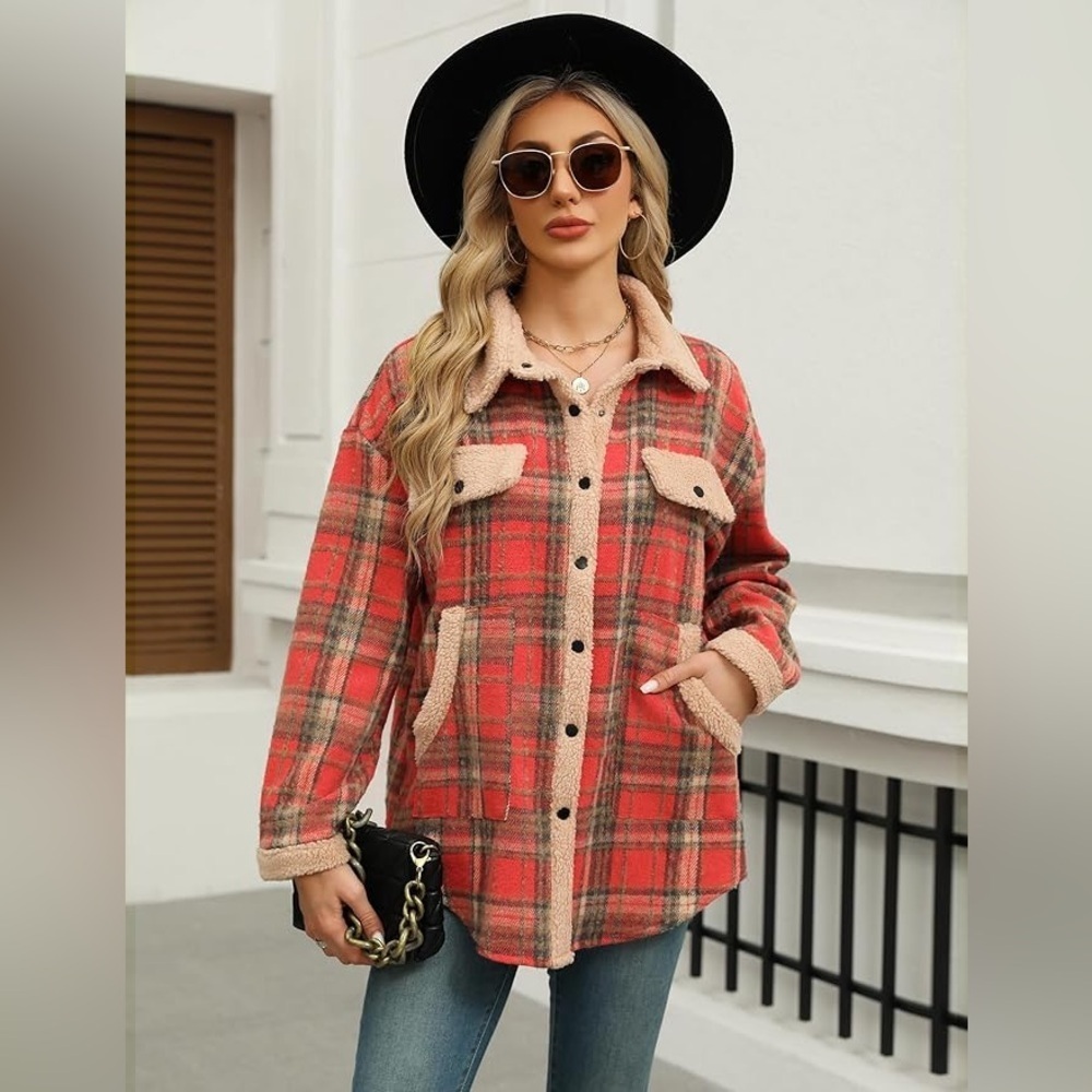 Panache Plaid Teddy Jacket in Red and Tan